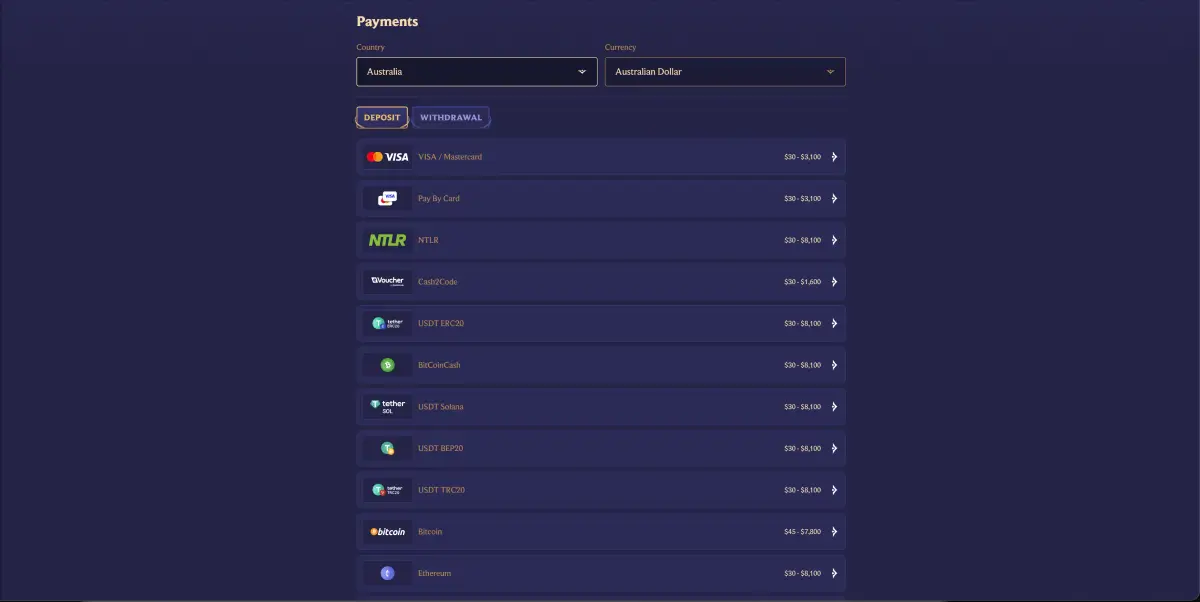 Divaspin casino payment methods including crypto and cards