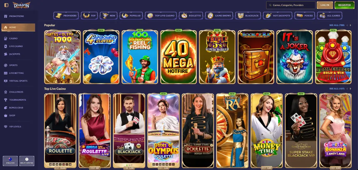 Diva spin casino lobby with pokies selection