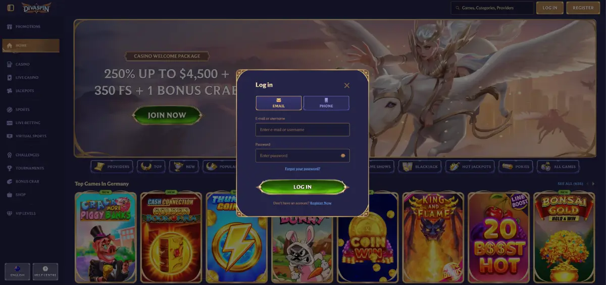 Divaspin login page with email and password fields