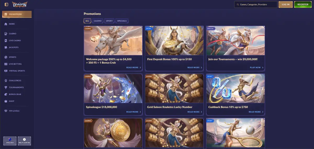 Diva spin casino bonus page with welcome offer