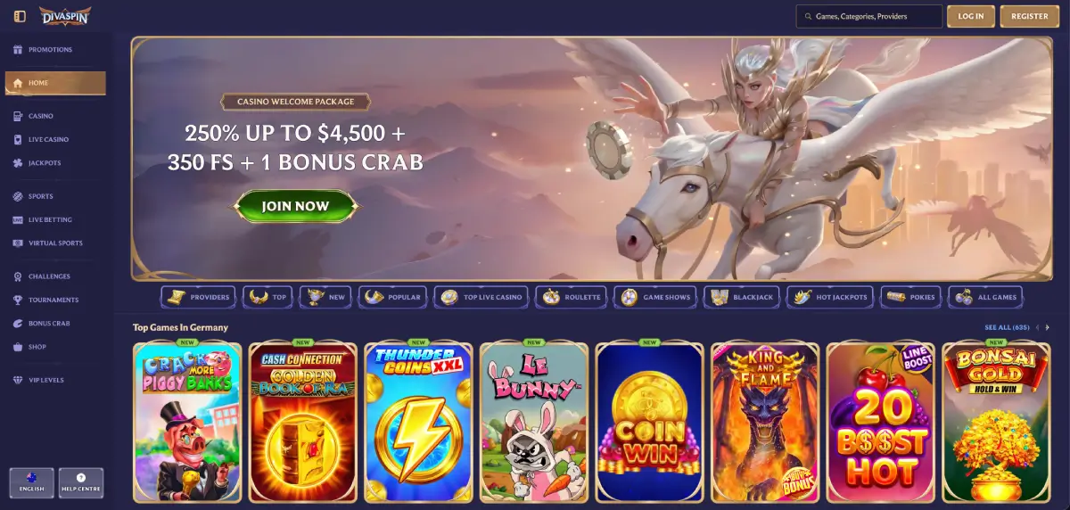 Divaspin casino homepage interface on desktop